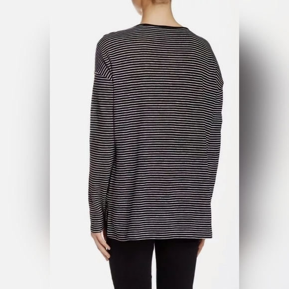 VINCE Linen Black & White Striped Long Sleeve Oversized Tee Womens Size Small - Picture 3 of 11